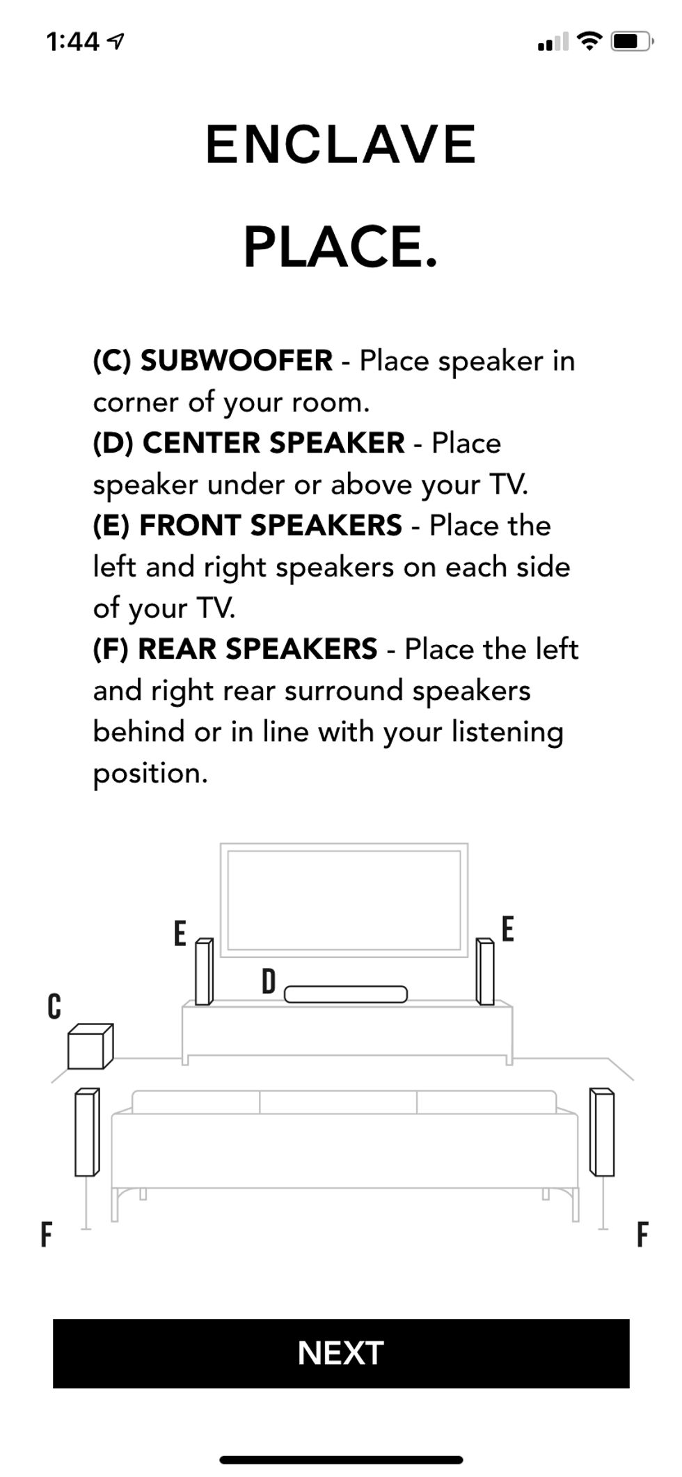 Enclave app showing where to place CineHome II speakers.