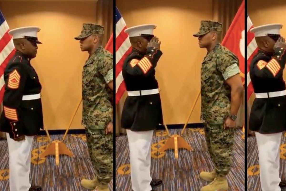Marine Corps Master Sergeant gave his son an emotional first salute as a commissioned officer