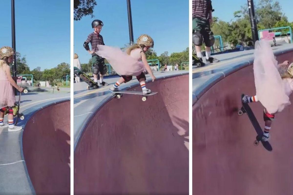 Fearless 6-year-old skater impresses, dropping into a 12-foot bowl in her pink party dress