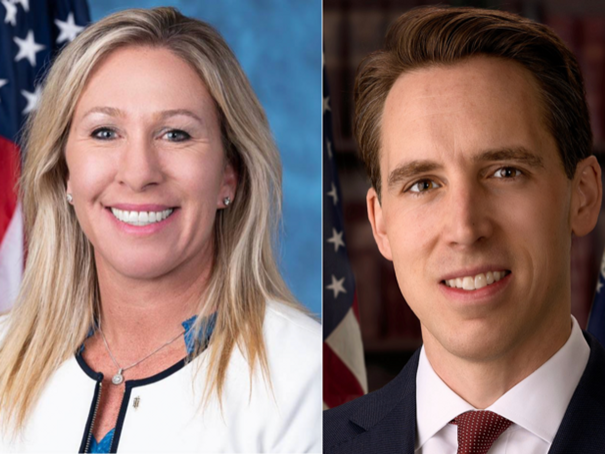 Rep. Marjorie Taylor Greene, left, and Sen. Josh Hawley 