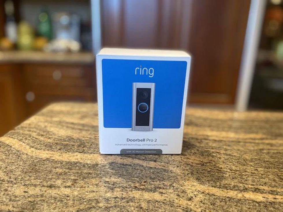 Photo of Ring Video Doorbell Pro 2 boxed on a countertop.