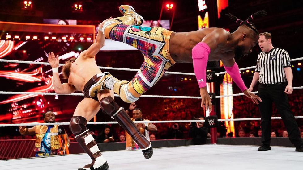 Kofi Kingston nailing Daniel Bryan with a kick