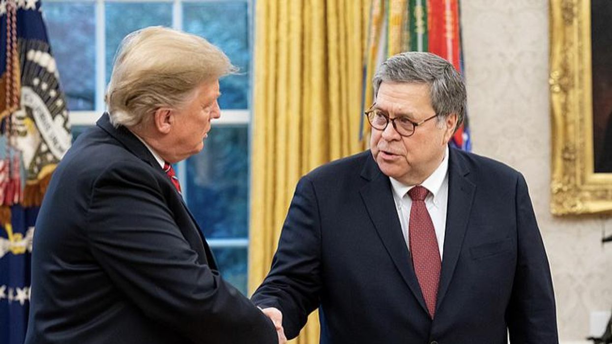 Former Attorney General William Barr shaking hands with former President Trump.