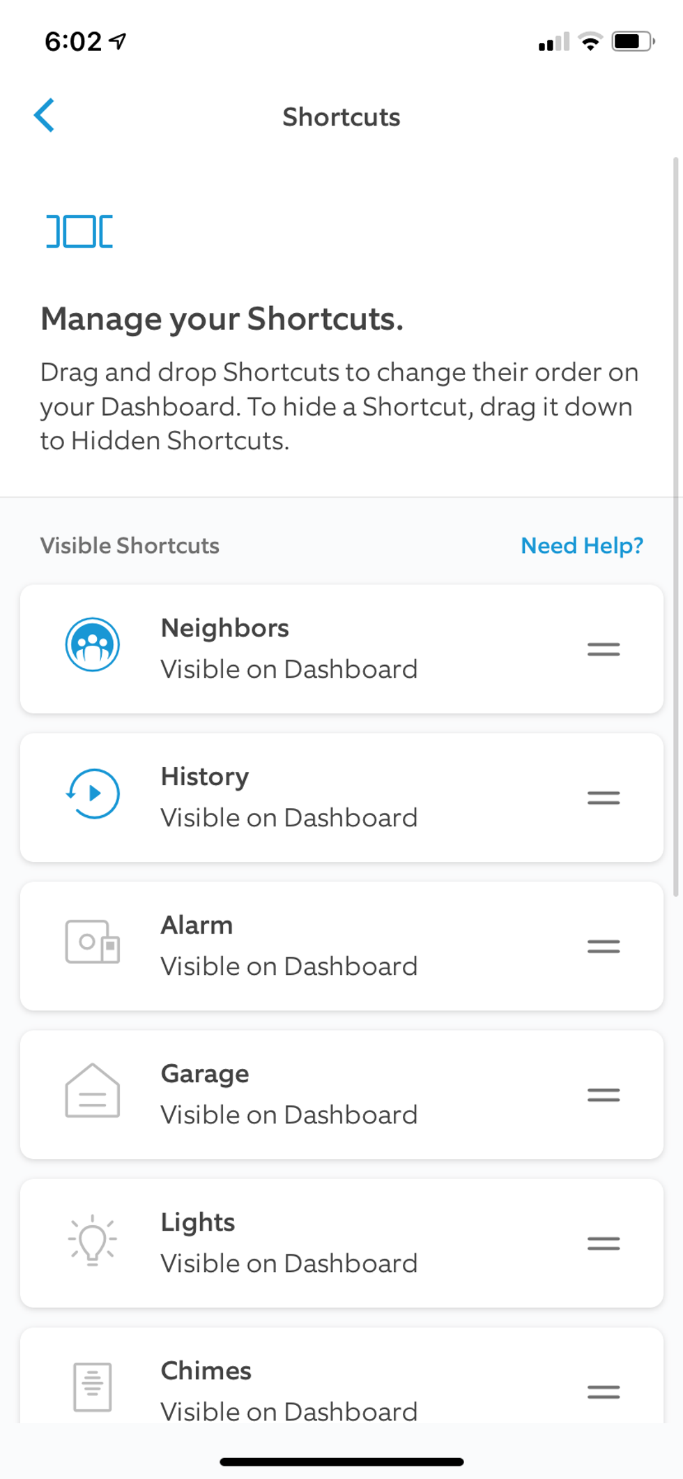 screenshot of Ring app's shotcuts page