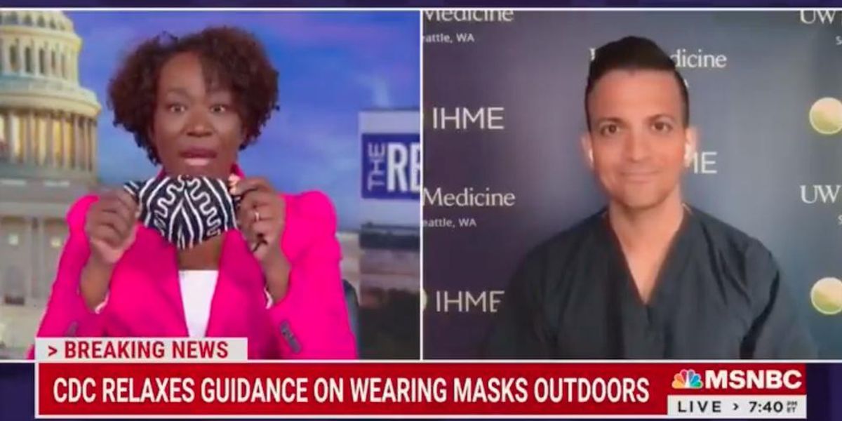 MSNBC's fully immunized Joy Reid ignores CDC mask guidance, claims she still wears two masks while jogging outdoors. Her doctor guest tells her it's unnecessary.