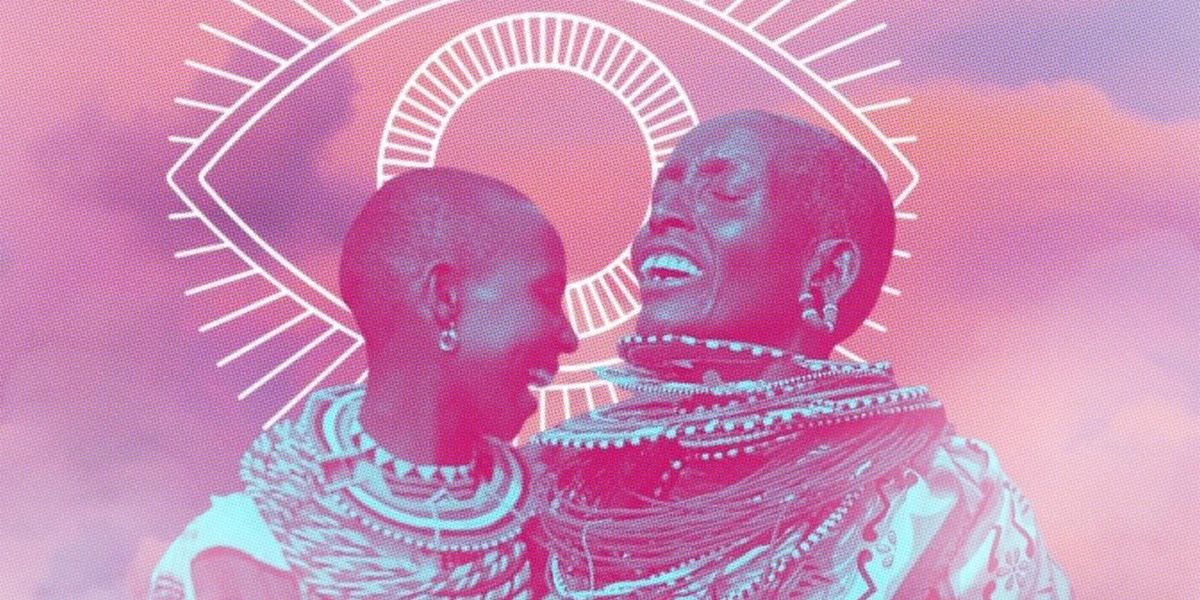 Two African people smiling and laughing in front of a purple background