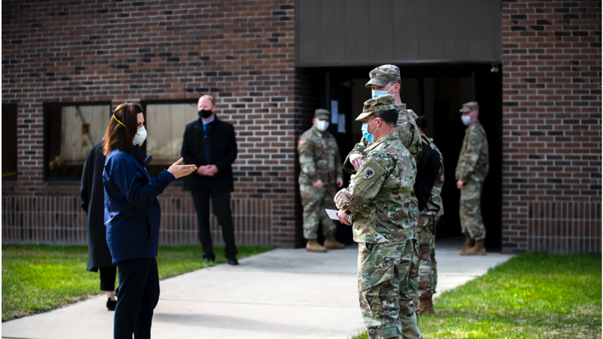 Michigan Gov. Gretchen Whitmer meeting with the National Guard.