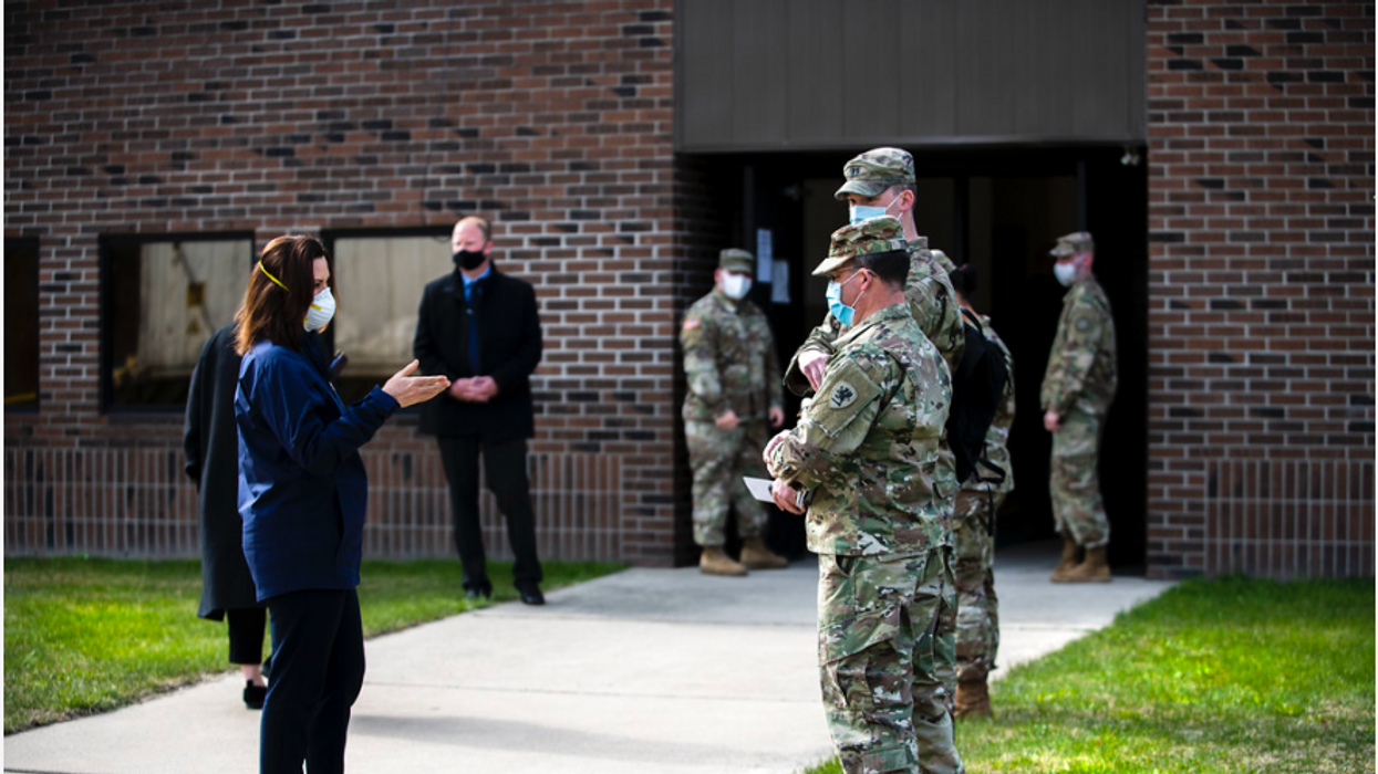 Michigan Gov. Gretchen Whitmer meeting with the National Guard. 