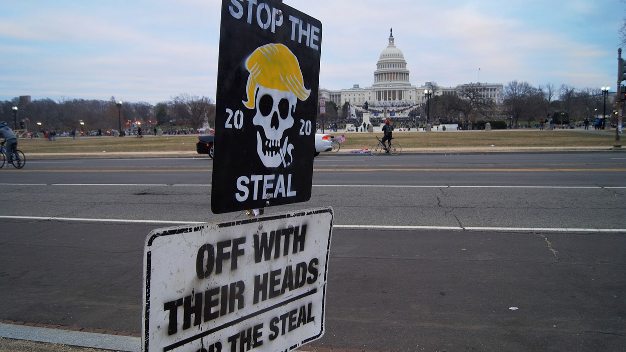 "Stop the Steal" signage in front of the Capitol building on January 6, 2021.