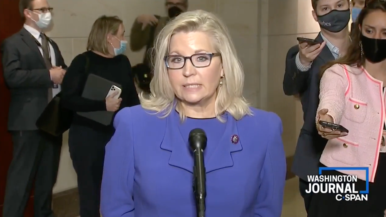Rep. Liz Cheney speaking with reporters after being ousted from her leadership position on May 12, 2021.