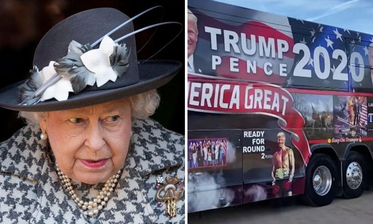 Buckingham Palace Demands 'Trump Train' Remove Image of Queen Wearing a MAGA Hat From Campaign Bus
