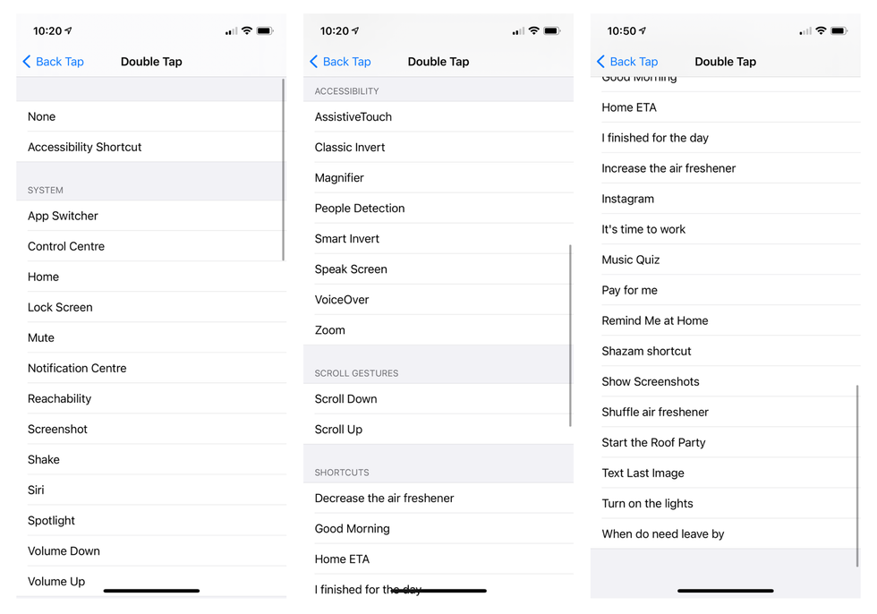 List of functions the Back Tap feature can perform