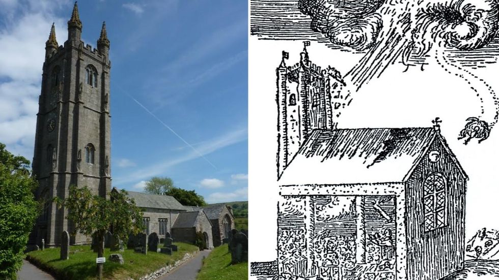 A woodcut of a ball of fire enterring a church, and a modern image of the church in Widecombe, Devon