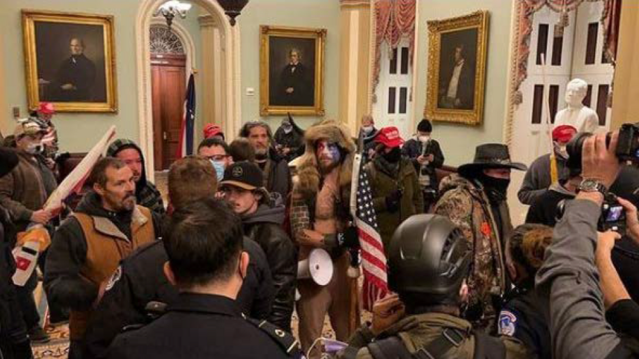 Jacob Chansley, aka the QAnon Shaman, during the January 6 Capitol riot. 