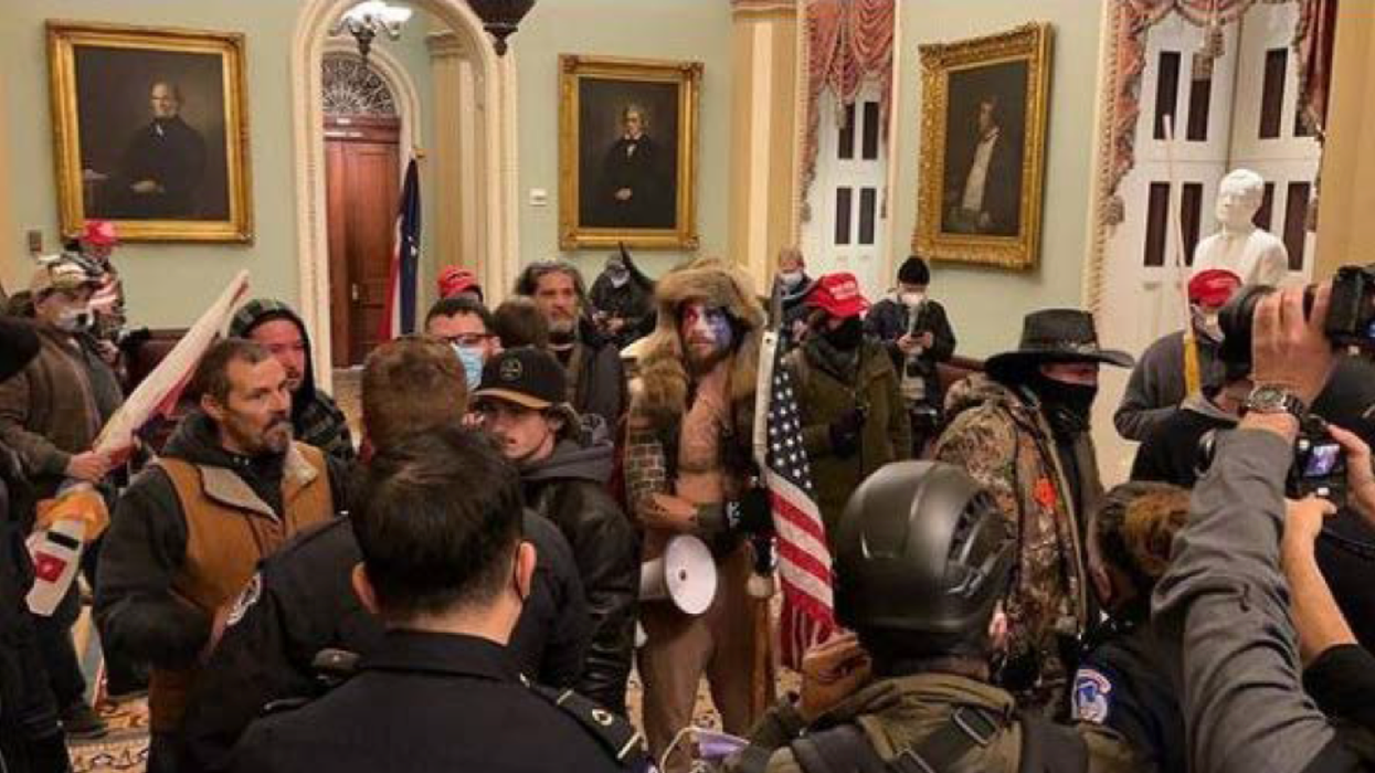 Jacob Chansley, aka the QAnon Shaman, during the January 6 Capitol riot.
