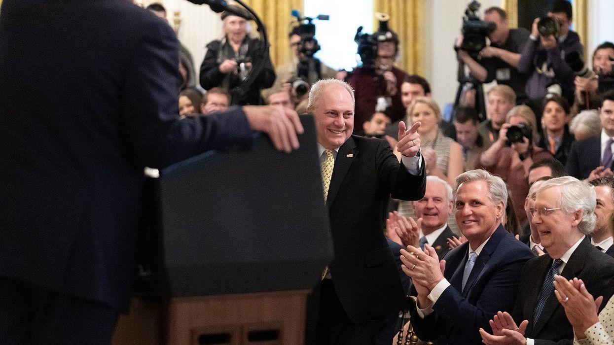 Former President Trump recognizing Rep. Steve Scalise, center, at the White House with House Minority Leader Kevin McCarthy and Senate Minority Leader Mitch McConnell, right.