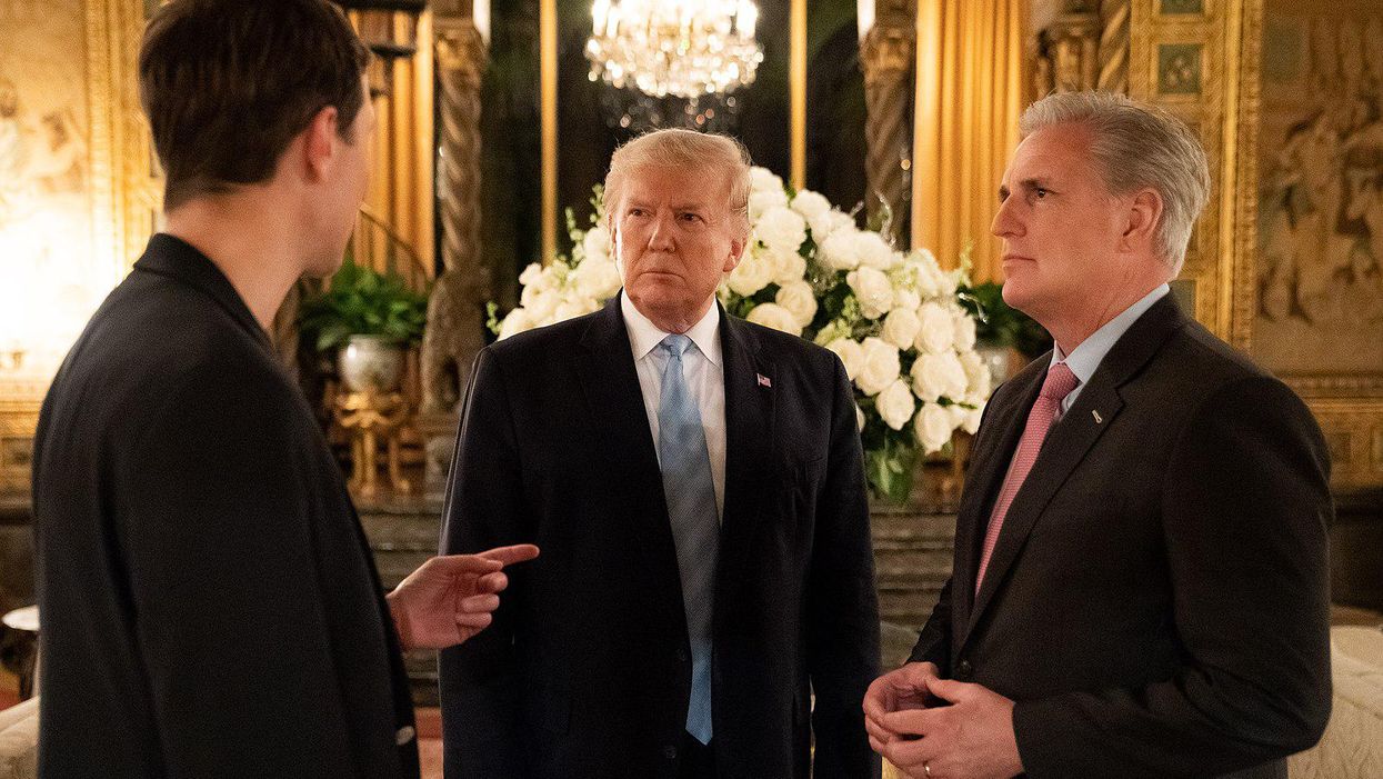 House Minority Leader Kevin McCarthy, right, meeting with former President Trump at Mar-a-Lago.