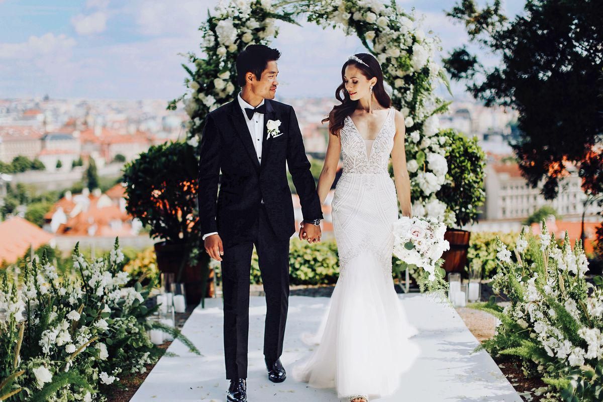 Actor David Lim and wife Marketa Kazdova getting married at Villa Richter in Prague in the Czech Republic
