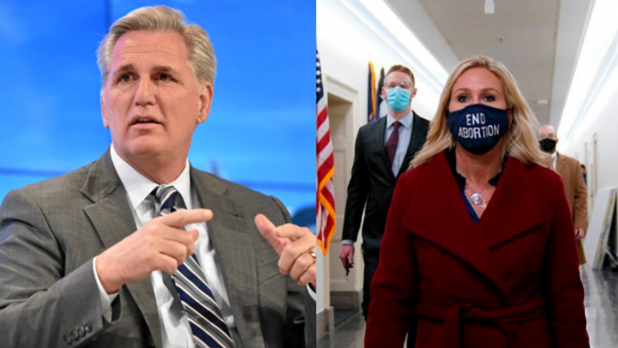 House Minority Leader Rep. Kevin McCarthy, left, and Rep. Marjorie Taylor Greene.