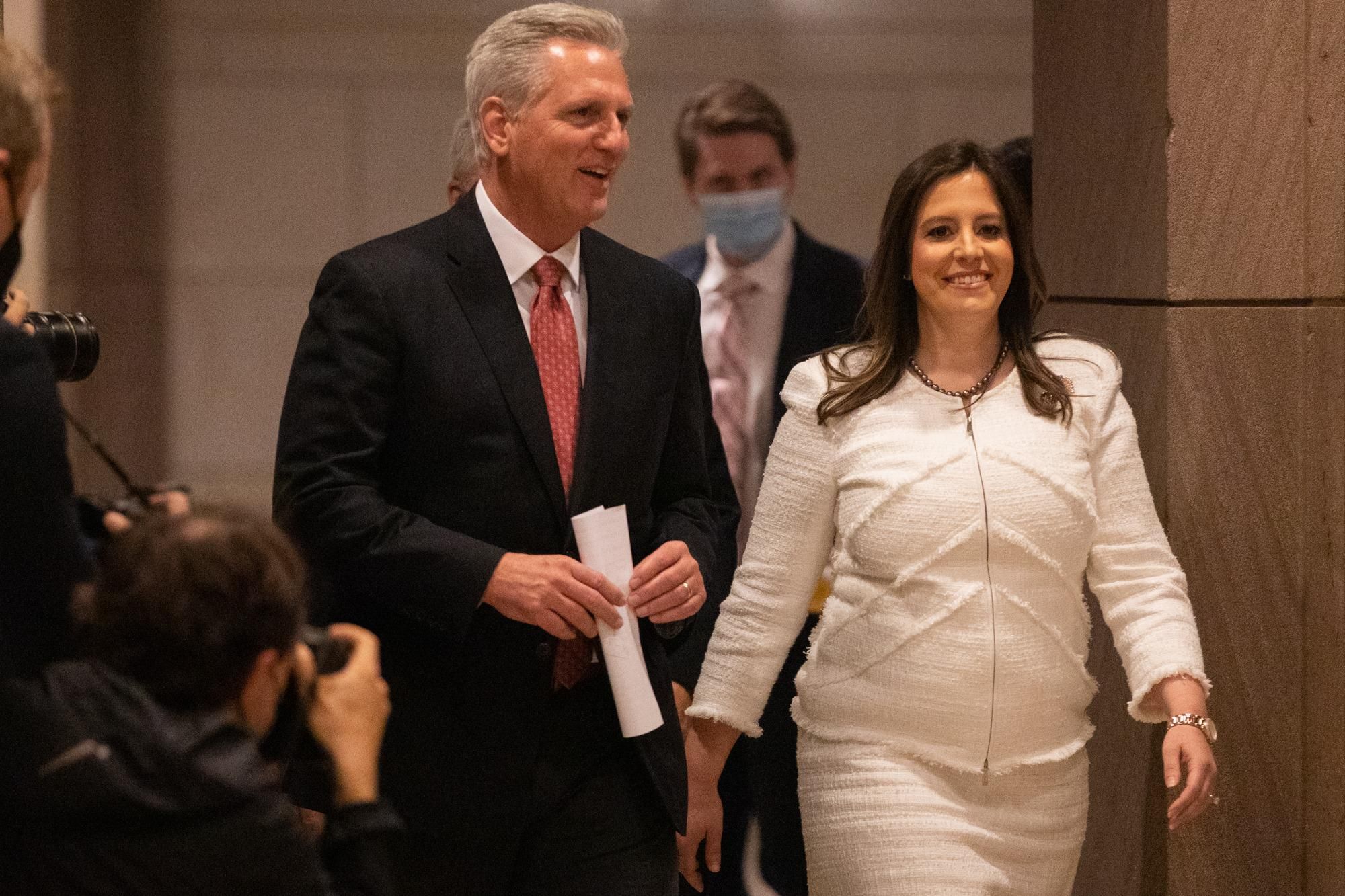 House Minority Leader Kevin McCarthy, left, and Rep. Elise Stefanik