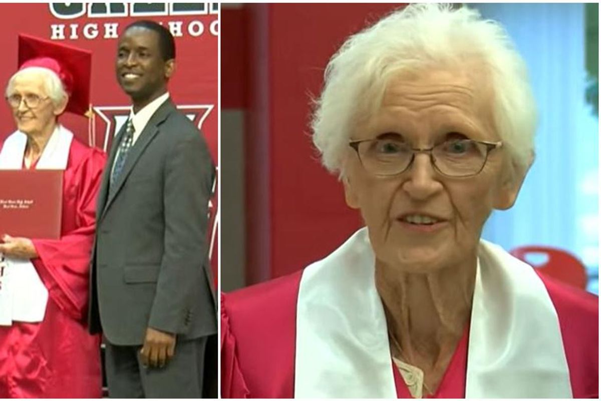79 years ago she quit high school when her husband went to war. Today, she got her diploma.