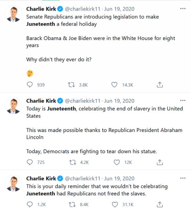 Kirk tweet: Senate Republicans are introducing legislation to make Juneteenth a federal holiday. Barack Obama and Joe Biden were in the White House for eight years. Why didn't they ever do it?