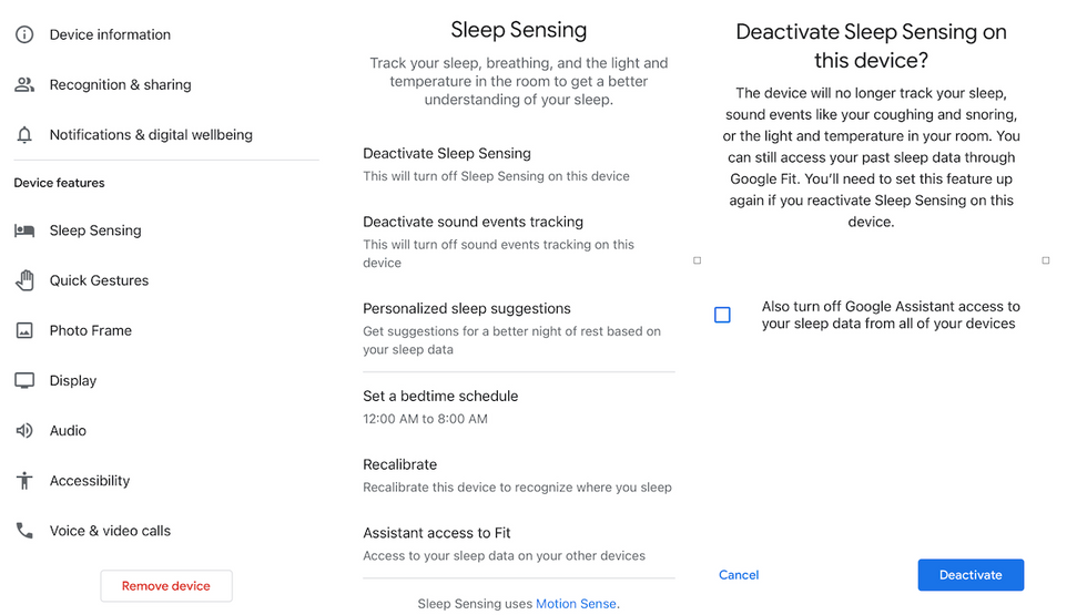 Screenshot from Google Home app of how to deactivate Sleep Sensing