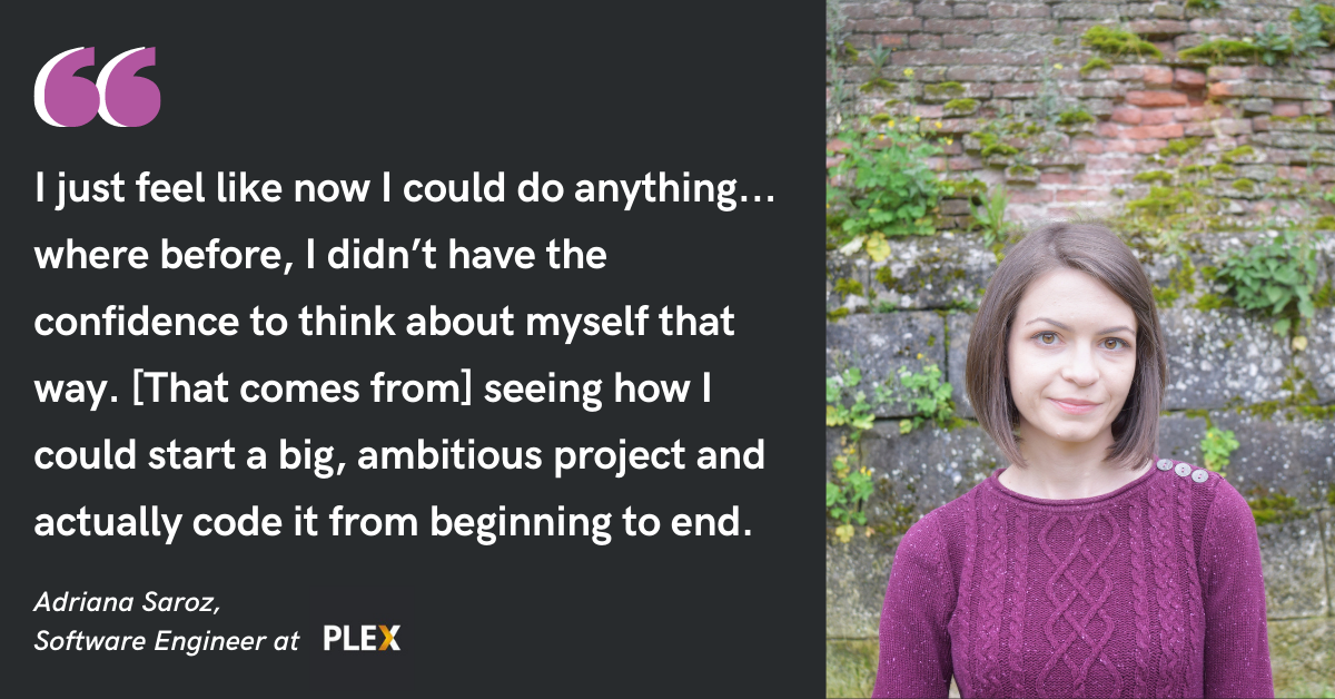 Blog post header with a quote from Adriana Saroz, Software Engineer at Plex
