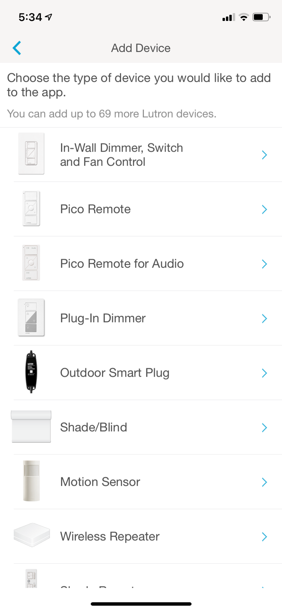 Lutron mobile app home page for add a device.