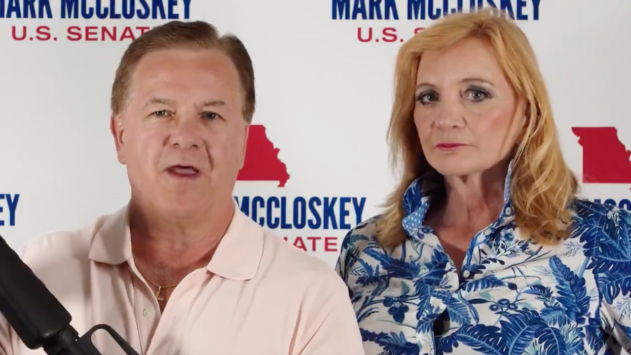 Missouri Republican Senate hopeful Mark McCloskey, right, and his wife Patricia McCloskey.