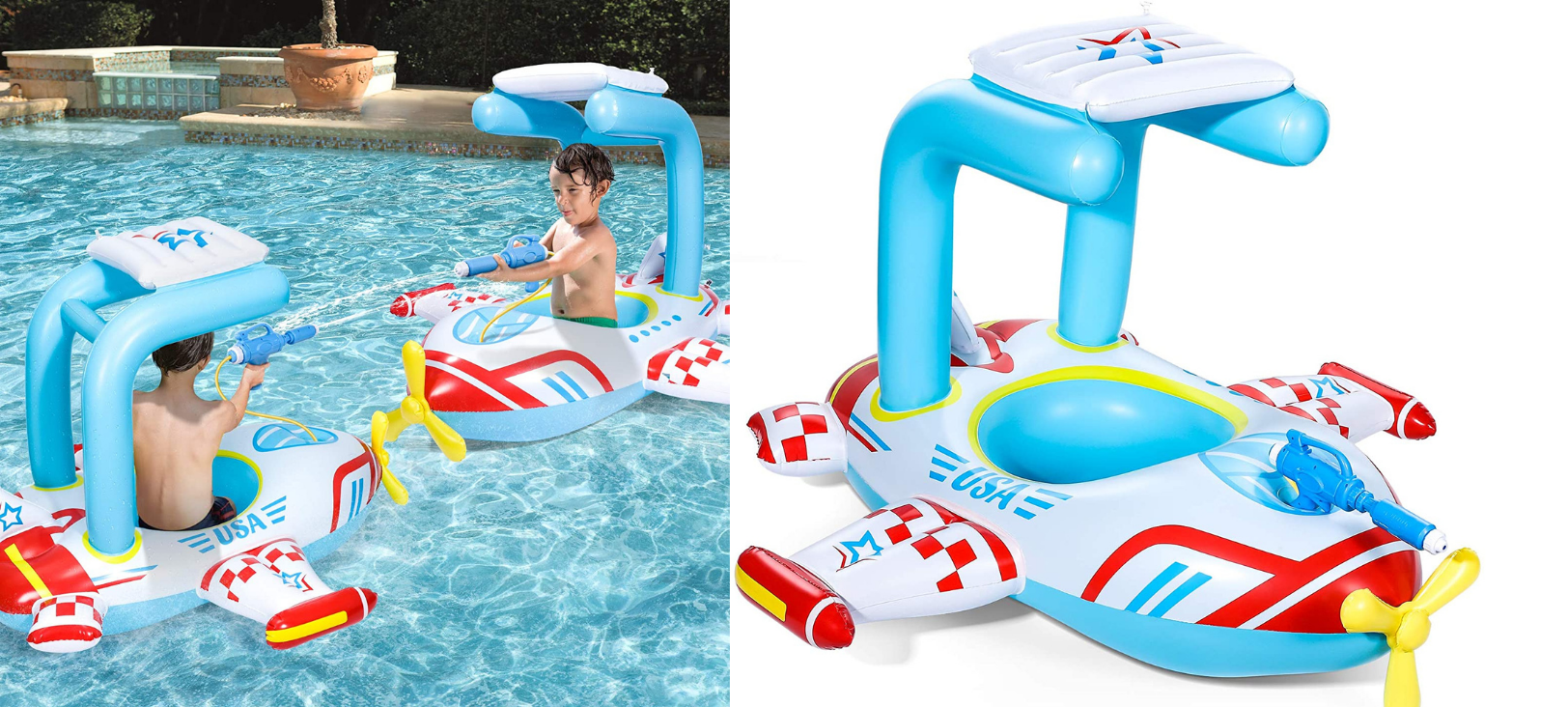 This airplane pool float with a built-in water gun will soak your summer in fun