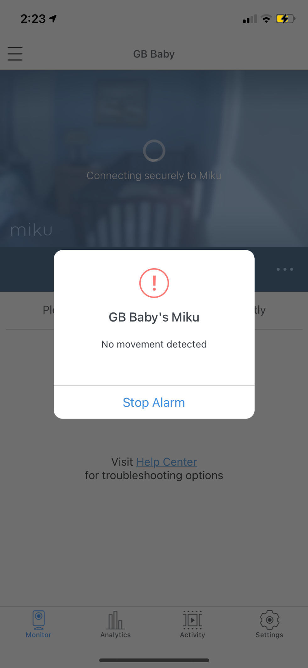 Miku app alarm notification in app.