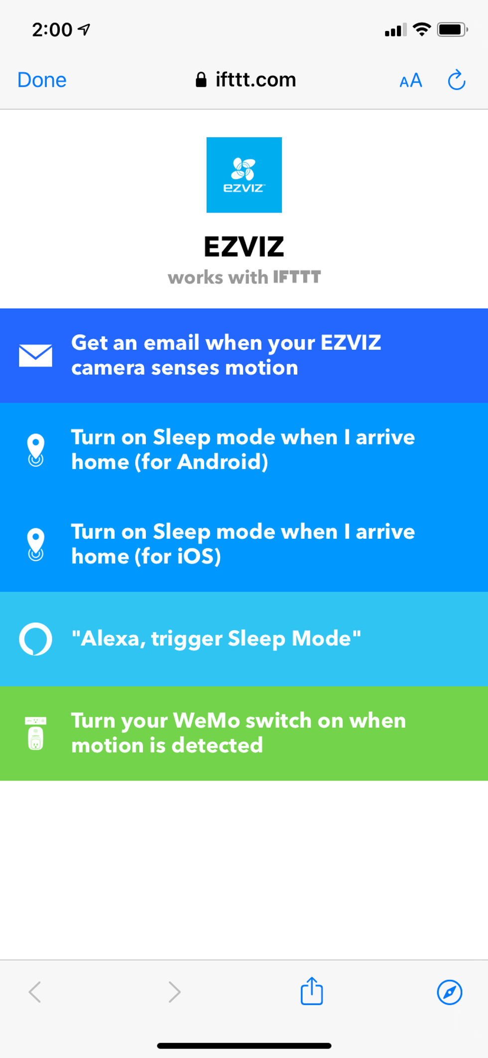 EZVIZ app showing IFTTT applets