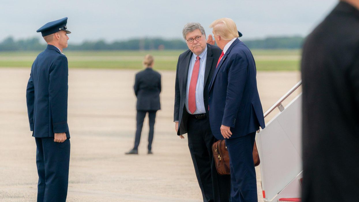 Former Attorney General William Barr, left, and former President Trump. 
