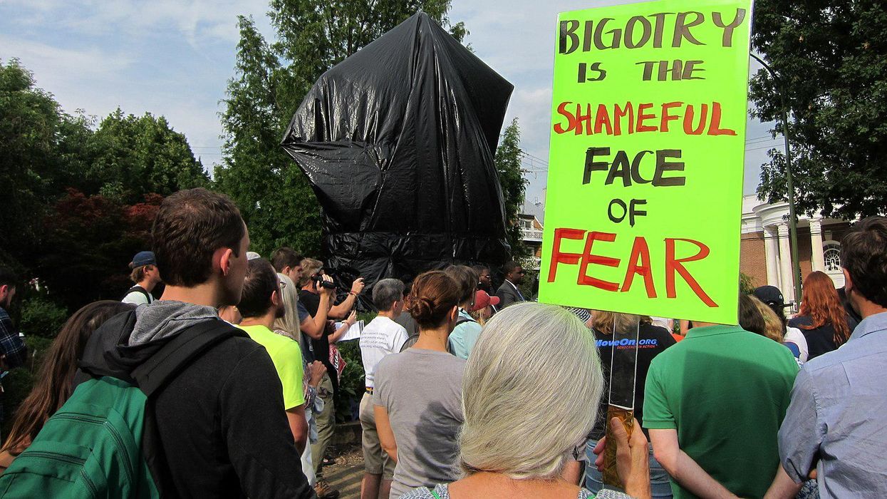 Organizers protest Robert E. Lee statue in Charlottesville, VA in 2017. 