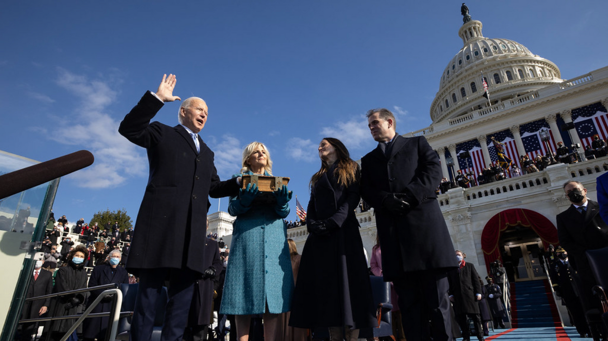 Joe Biden take the oath of office on Jan. 20, 2021.