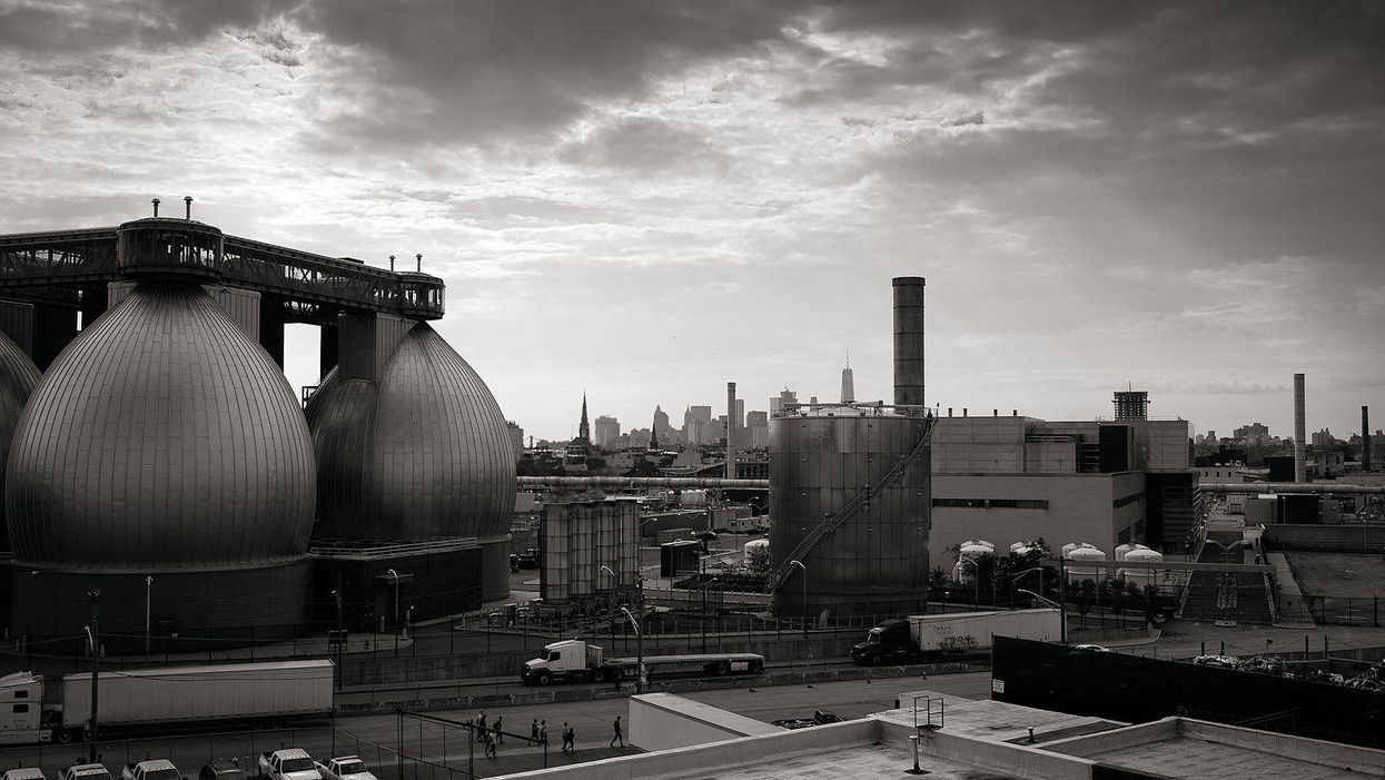 Water treatment facility overlooking the Manhattan skyline. 