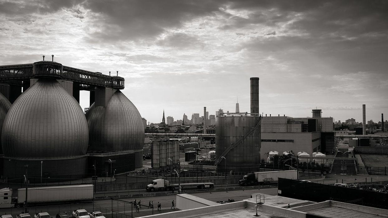 Water treatment facility overlooking the Manhattan skyline.