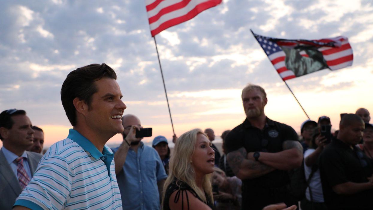 Reps. Matt Gaetz, left, and Marjorie Taylor Greene on their "America first" tour.