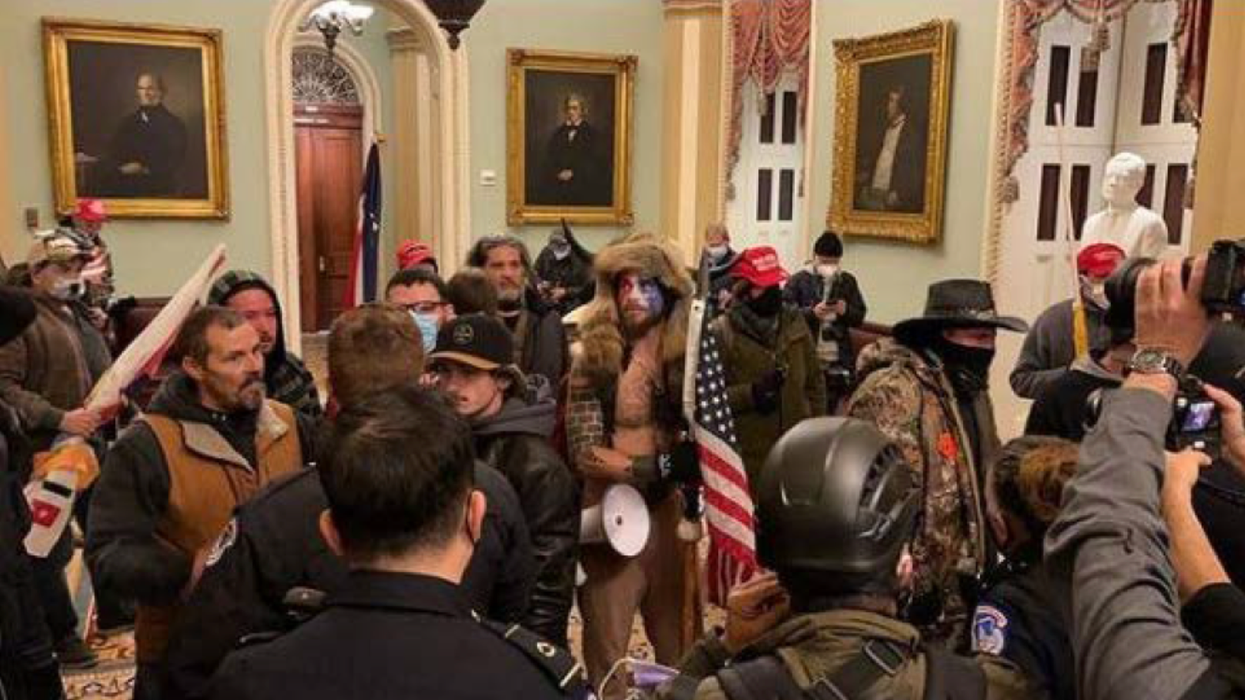 Jacob Chansley, or the "QAnon Shaman," during the January 6 Capitol riot.