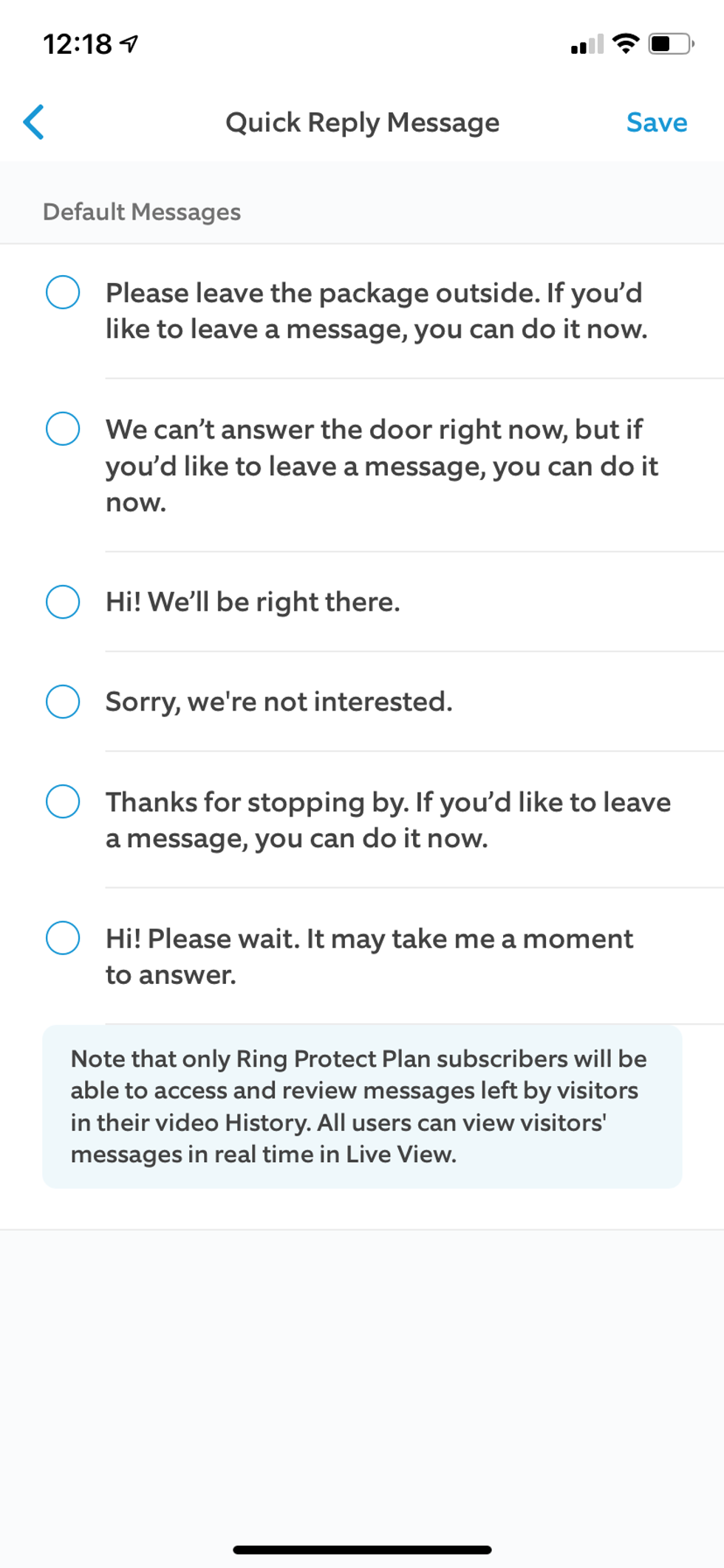 Quick Reply messages in Ring app