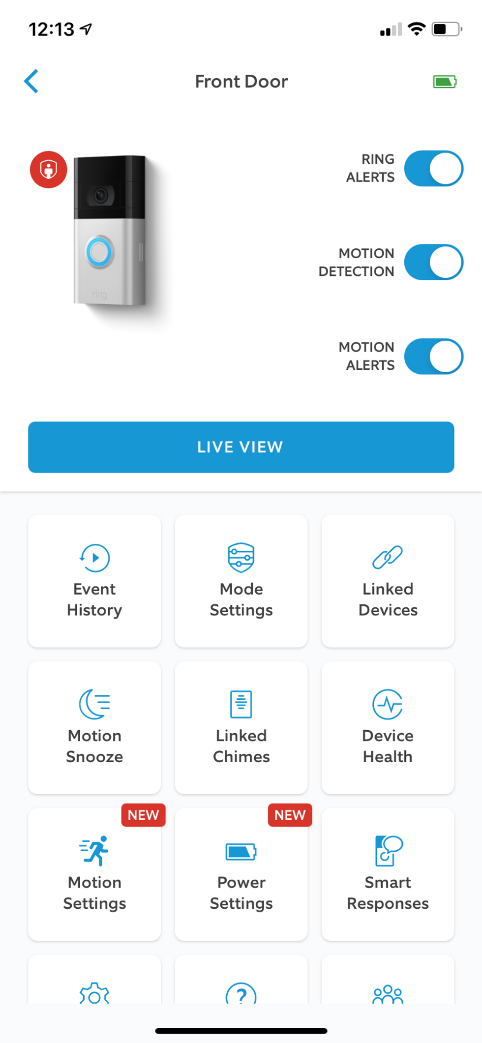 Screenshot of Ring app's dashboard