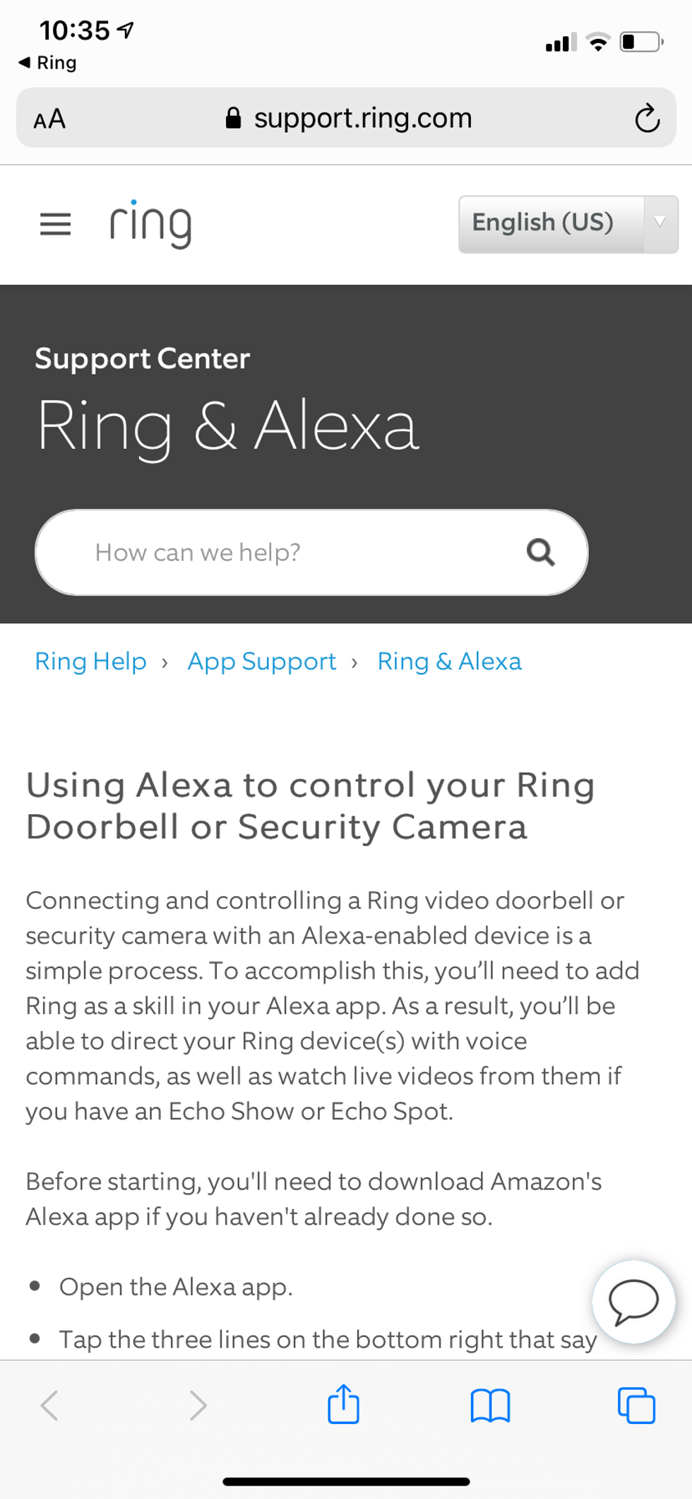 Setup screen in Ring app for Amazon Alexa.
