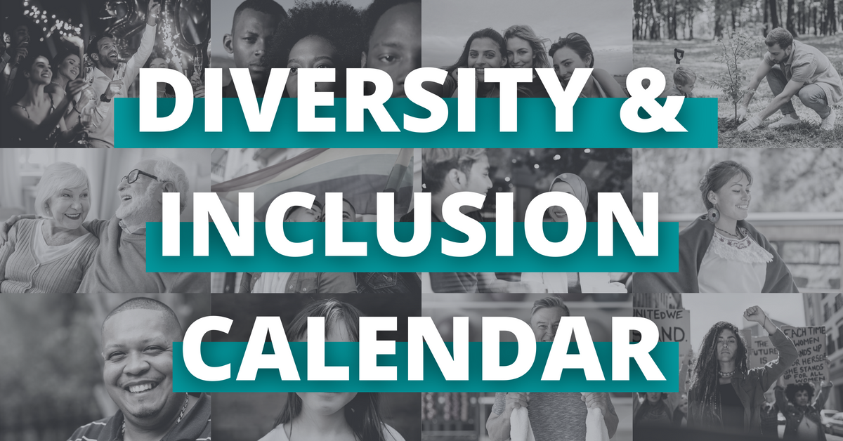 Diversity and Inclusion Calendar in white text with black and white photos of people