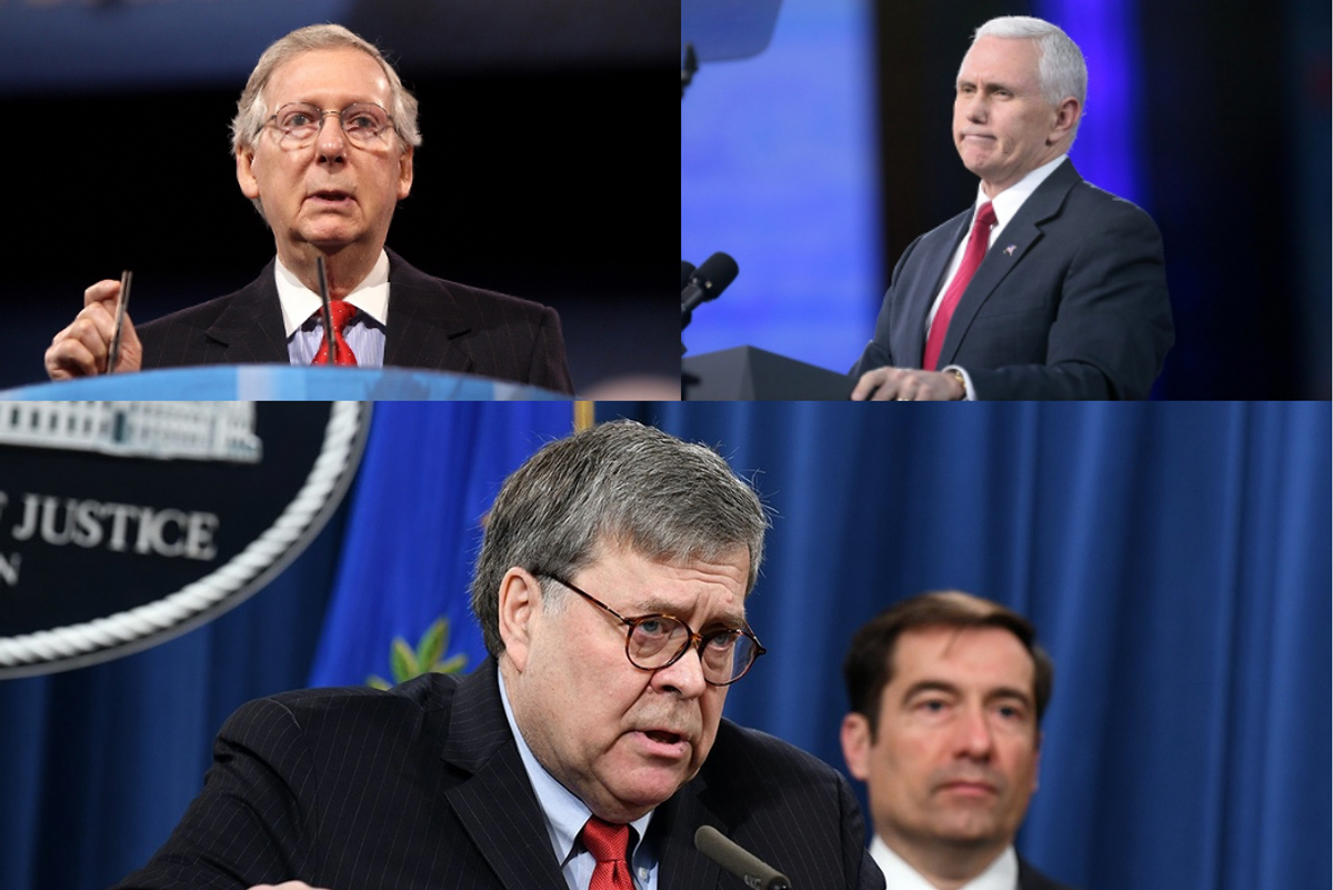 Sen. Mitch McConnell, top left, former Vice President Pence, top right, and former Attorney General William Barr .