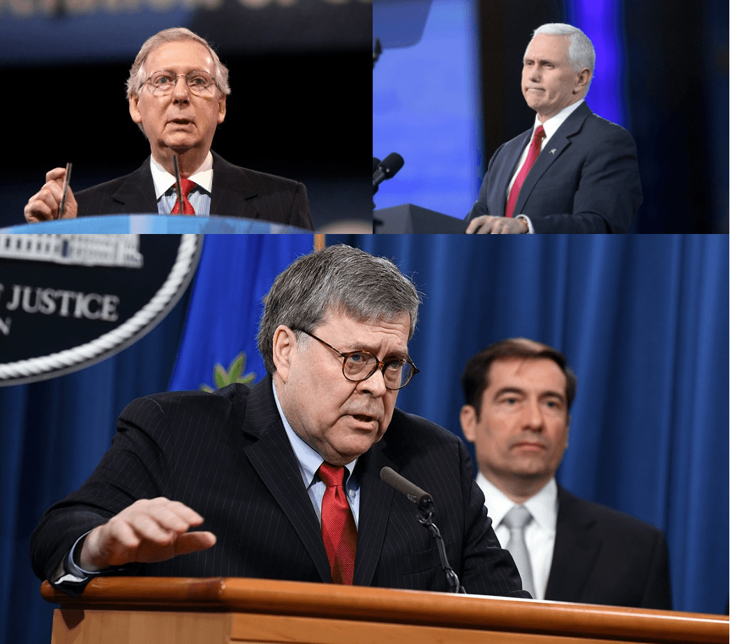 Sen. Mitch McConnell, top left, former Vice President Pence, top right, and former Attorney General William Barr .