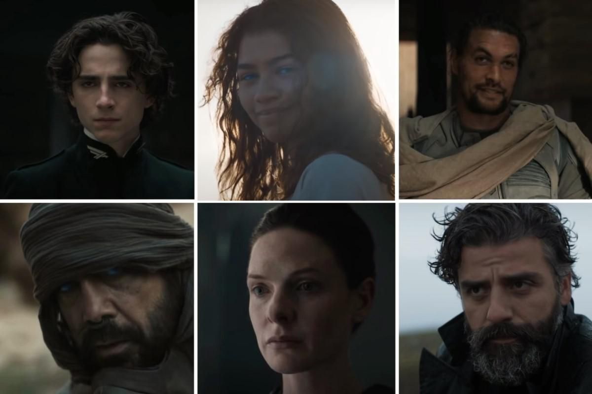 "Dune" (2021) cast from top left: Timothee Chalamet Zendaya, Jason Momoa, Javier Bardem, Rebecca Ferguson, and Oscar Isaac
