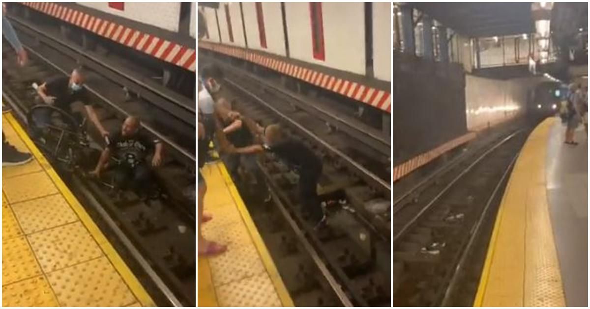 Dramatic footage shows a man being rescued just in time after falling on the subway tracks