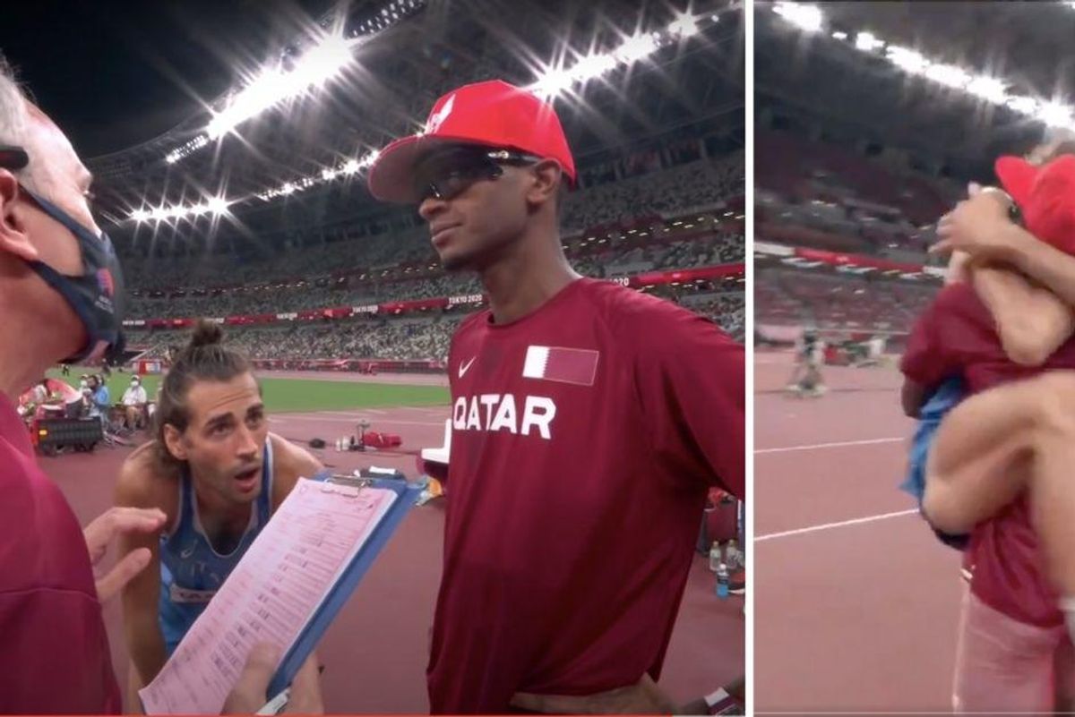 Qatar's Mutaz Essa Barshim and Italy's Gianmarco Tamberi celebrating