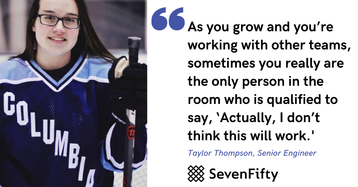 Blog post banner with quote from Taylor Thompson, Senior Engineer at SevenFifty
